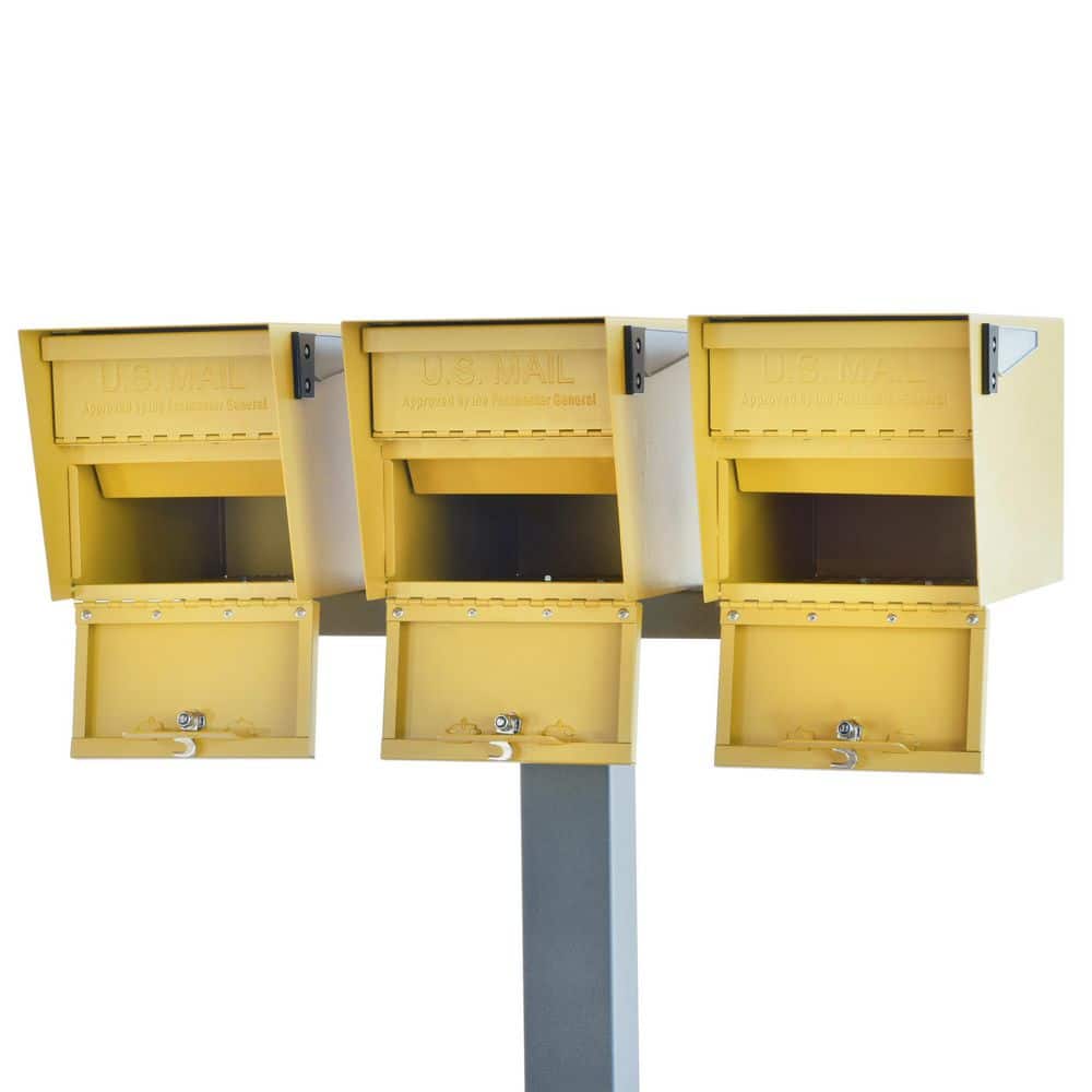 Mail Boss Mail Manager X3 Locking Mailbox Combo Kit w/ Granite In-Ground Post, Marigold, 3 Way Multi Mount High Security Cluster (3)