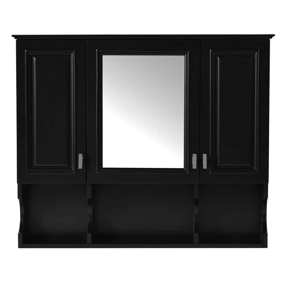 Tahanbath Classic 7.30 in. W x 35.00 in. D x 28.70 in. H Bathroom Storage Wall Cabinet in Black with Open Shelves and Mirror (1)