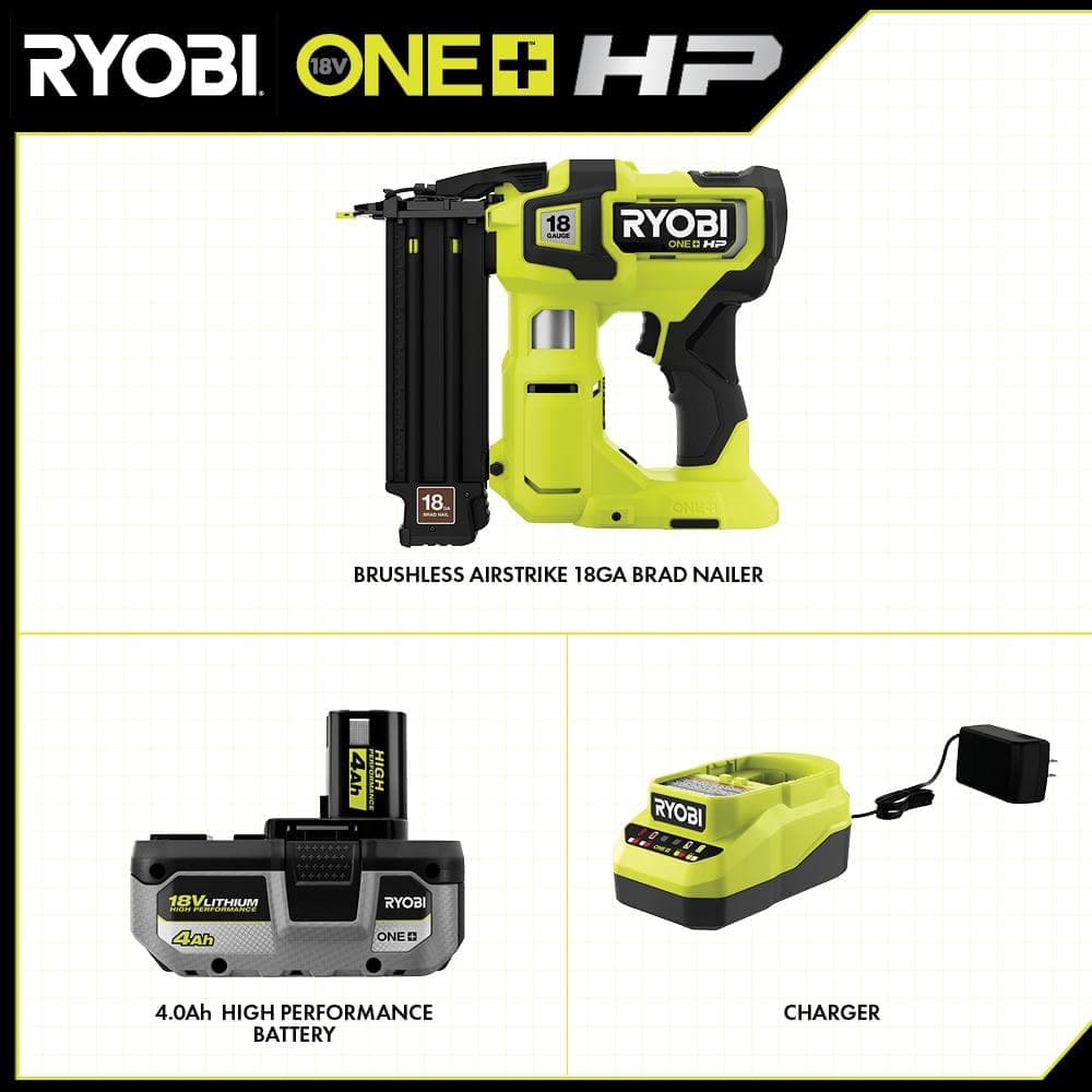 RYOBI ONE+ HP V Brushless Cordless AirStrike Brad Nailer Kit with 4.0 Ah Battery and Charger (2)