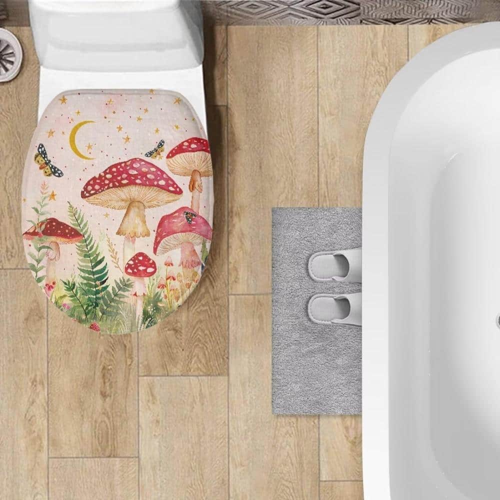 Unbranded Red Mushroom Print Toilet Lid Cover Soft Stretch Facecloth Fits Most Toilets Machine Washable in Red (2)