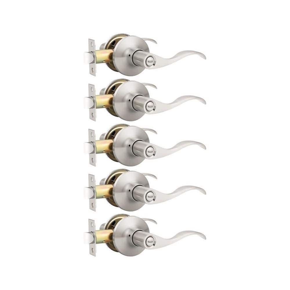 Wudkey 5-Piece Privacy Door Lever in Satin Nickel, Modern Interior Door Knobs Locks, Included Reversible Wave Lever Handle (1)
