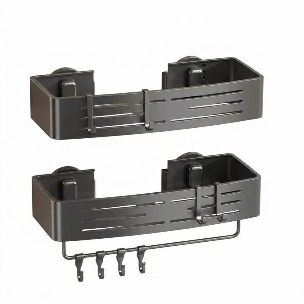 Anqtovp Suction Mount Large Capacity Rustproof Aluminum Shower Caddy with Hooks and Towel Bar in Gray 2 Pack (1)