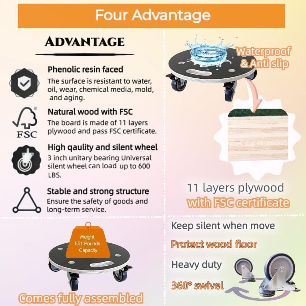 Primehome 2-P 15 in. Wood Furniture Dolly with 2 in. Silent Wheels 550 lbs. Capacity Brakes Included-Heavy Duty Plant Movers Caddy (3)
