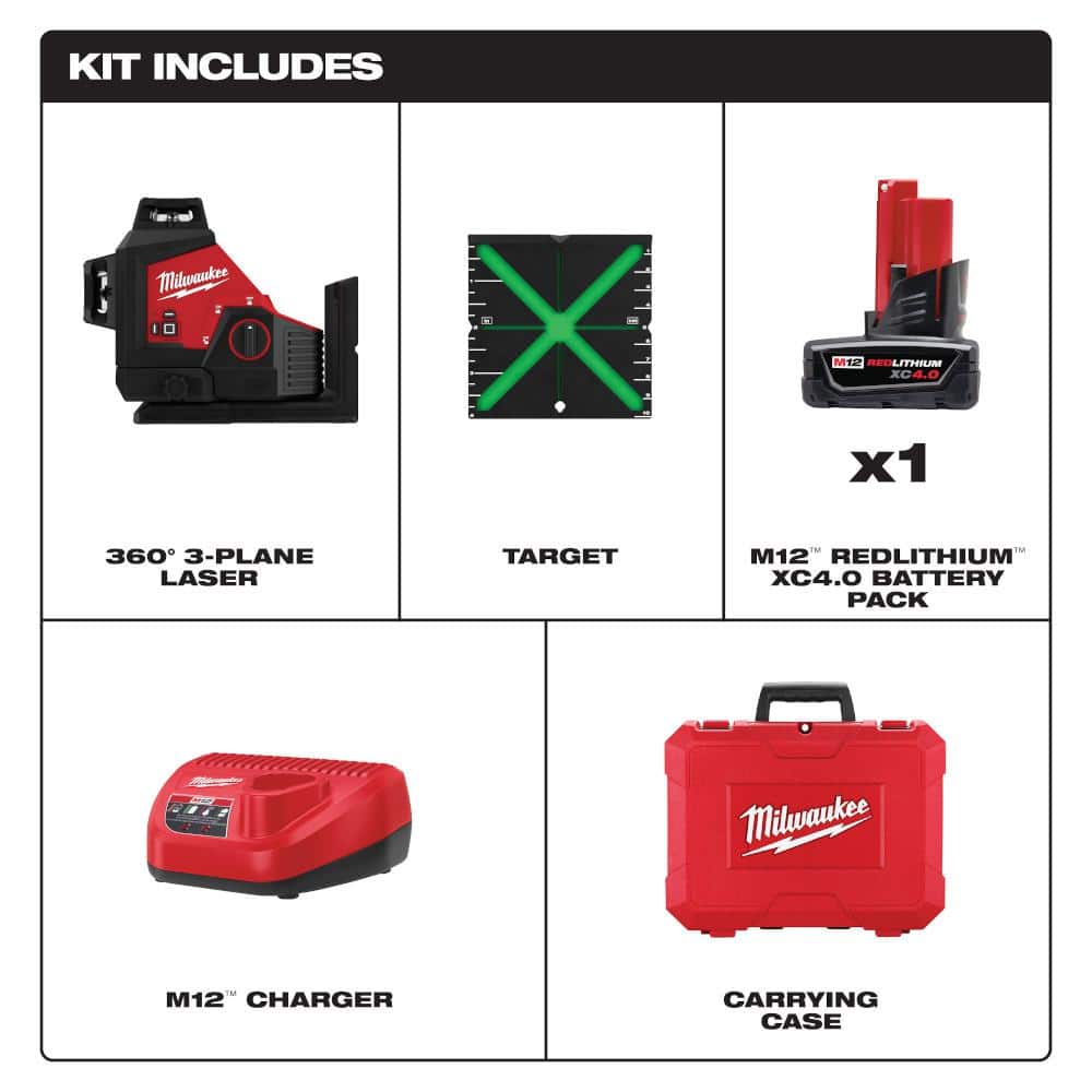 Milwaukee M12 12-Volt Lithium-Ion Cordless Green 250 ft. 3-Plane Laser Level Kit with One 4.0 Ah Battery, Charger and Case (3)