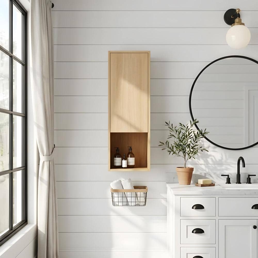 Zuvandra 11.81"W x 9.81"D x 35.44"H Plywood Bathroom Wall Cabinet with Doors,Built-in Shelves,and Open Shelves,Oak (2)