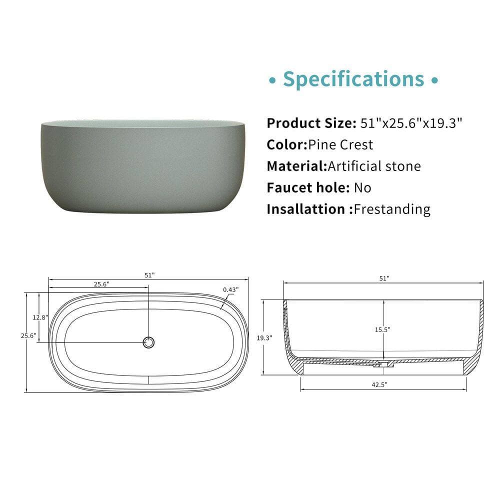 LIVACA 51.00 in. x 25.60 in. Soaking Freestanding Bathtub with Overflow and Pop-Up Drain in Turquoise Green Solid Surface (2)