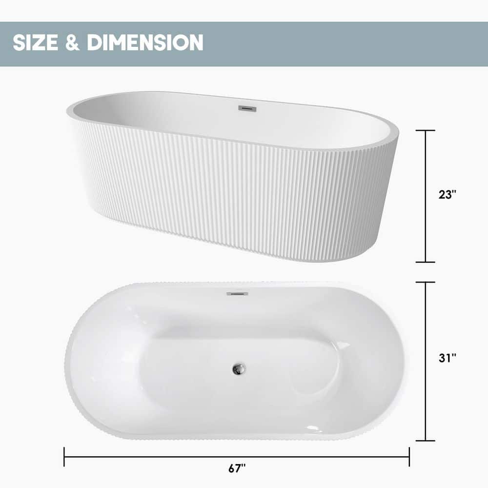 CASAINC 67 in. x 31 in. Acrylic Flatbottom Freestanding Soaking Bathtub whit Center Drain in Gloss White (3)