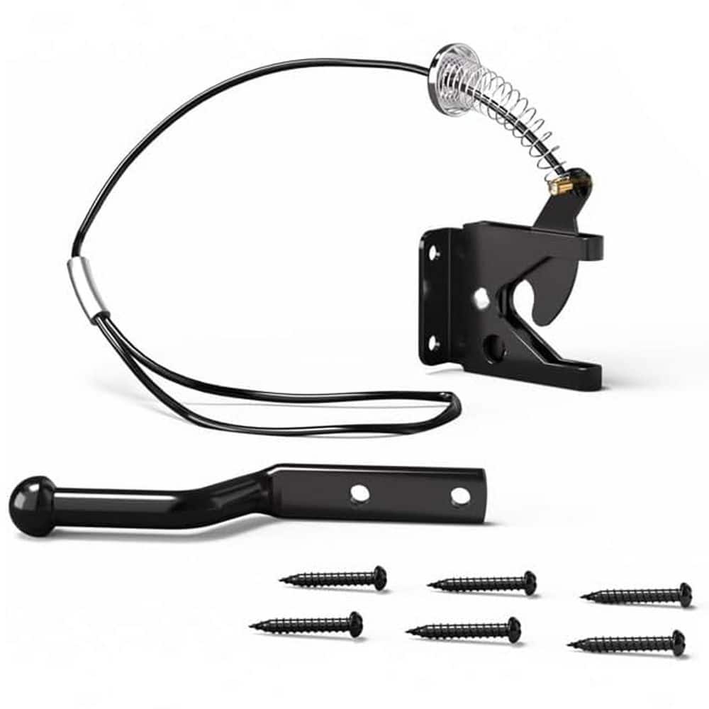 Unbranded Self Locking Gate Latch with Spring Cable Pull for Fence Gate Black Carbon Steel Easy Install Durable Secure (1)