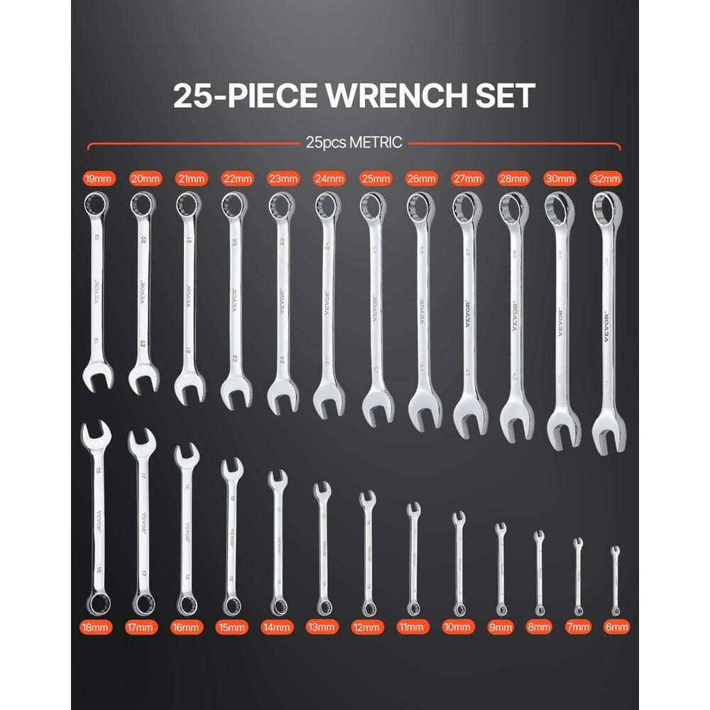 VEVOR Combination Wrench Set, 25-Piece Open End Wrench Set with Roll-up Pouch, Carbon Steel Wrench Set Metric 6 mm to 32 mm (2)