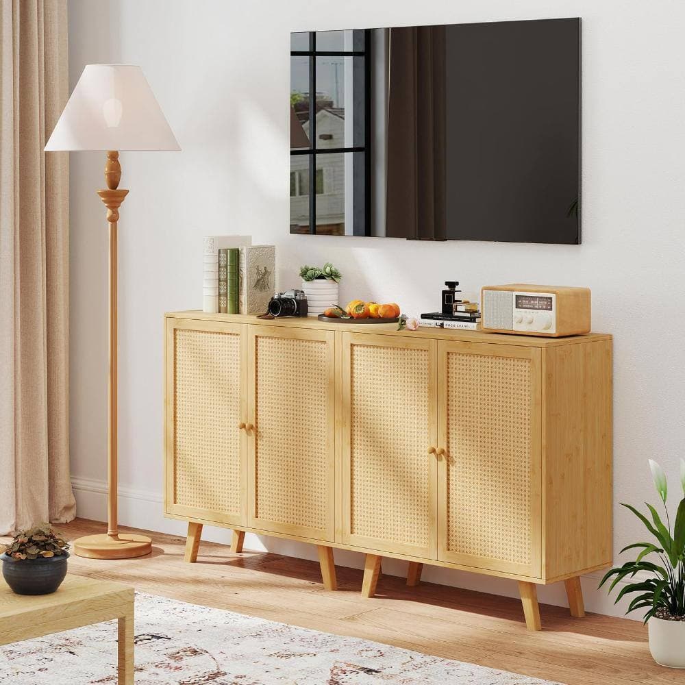 Volenca Bamboo Buffet Storage Cabinet with Rattan Doors, Freestanding Kitchen Cupboard (2)