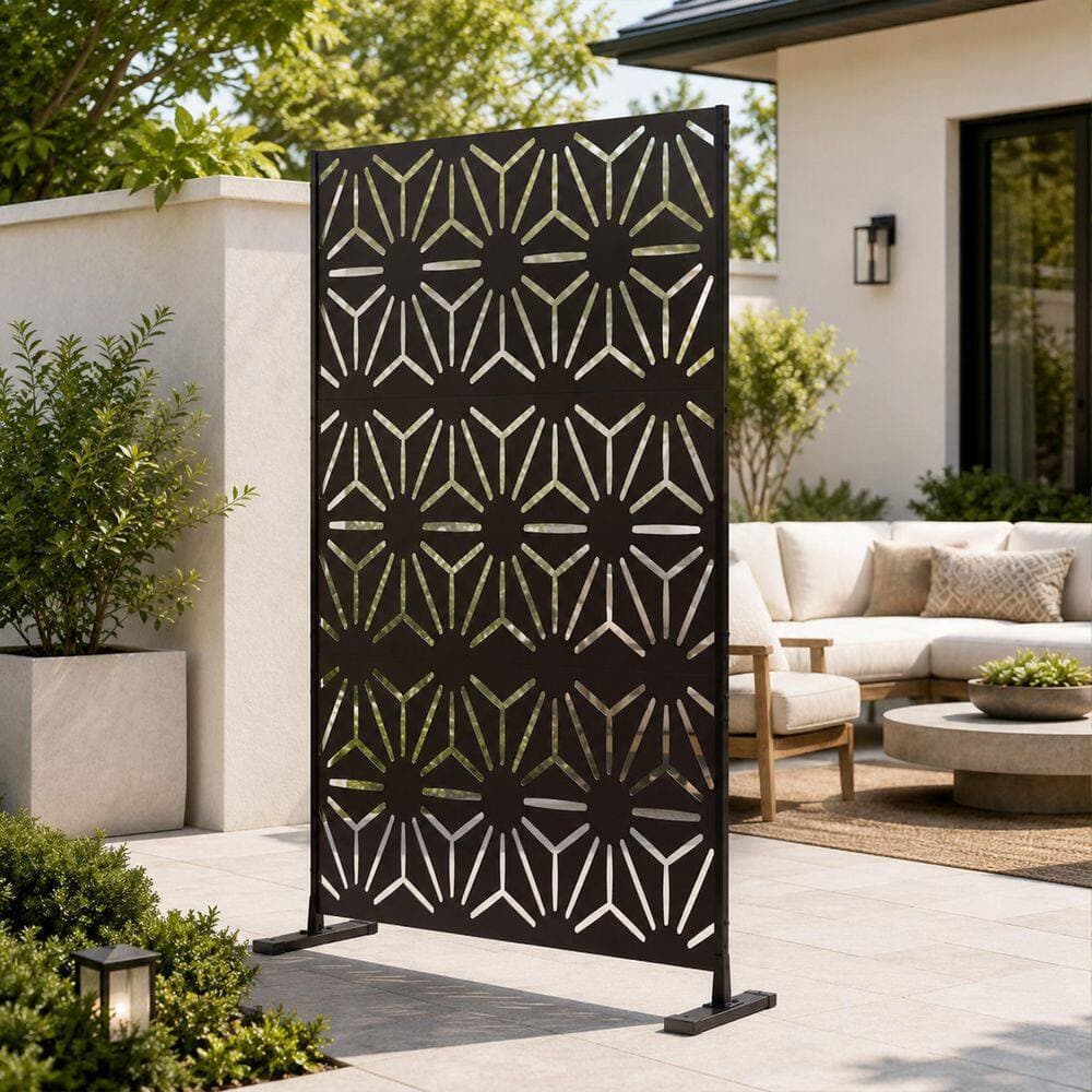 KOZYARD Powder Coated Galvanized Steel Privacy Screen 74 in. H x 47.2 in. W Decorative Fence with Stand (Black Hexagonal Star)