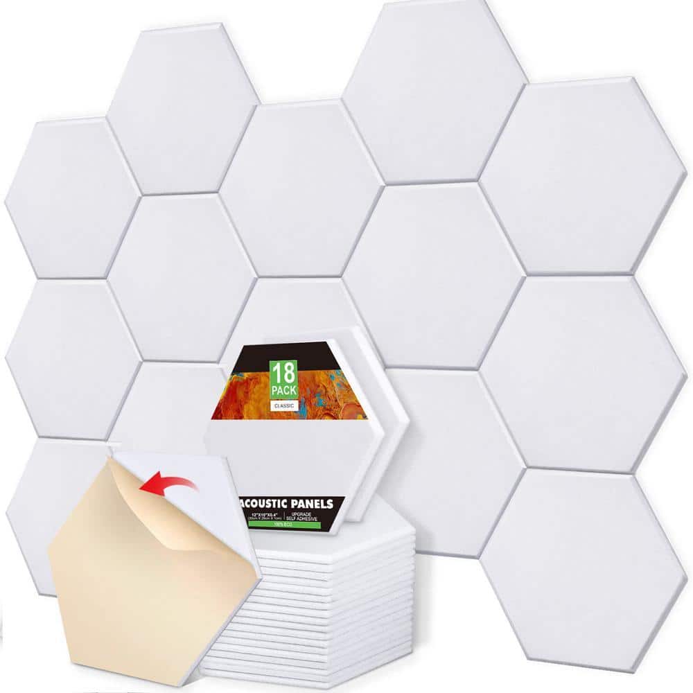 Angel Sar 18-Packs 12in. x 10 in. x 0.4 in. White Hexagon Acoustic Panels,Self-Adhesive Soundproof Wall Panel Used in Home Offices (1)