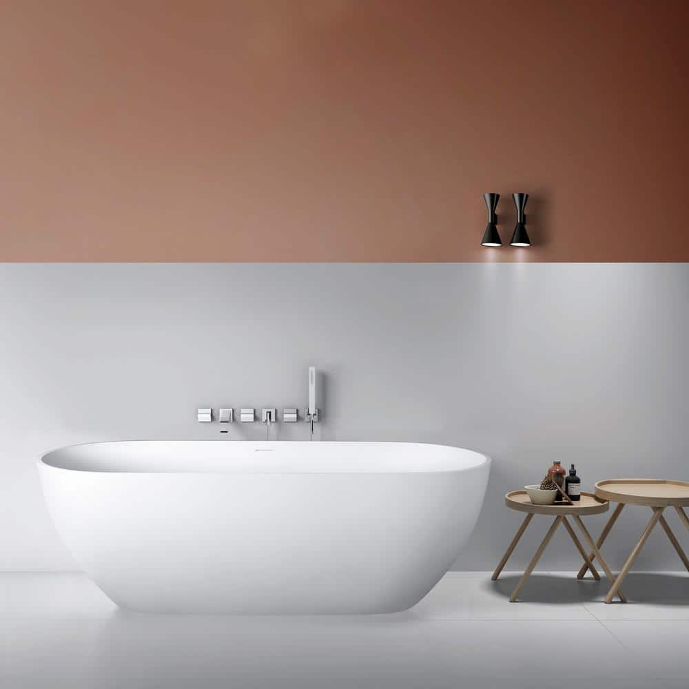 Abruzzo Freestanding Solid Surface Soaking Bathtub 68.9 in. x 29.5 in. with Drain and Overflow in Matte White (1)