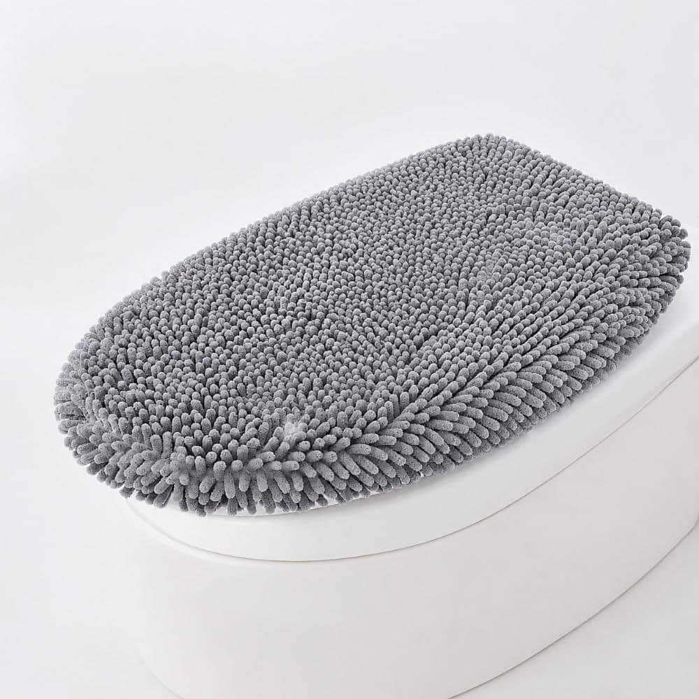 Unbranded 17.5 x 15 in. Soft Chenille Non-Slip Rubber-Backed Machine Washable Toilet Lid Cover Set in Gray (2)