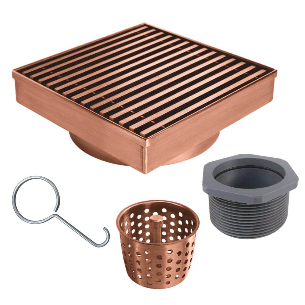 RELN 8 in. x 8 in. Rose Gold Square Shower Drain with Linear Pattern Drain Cover (2)