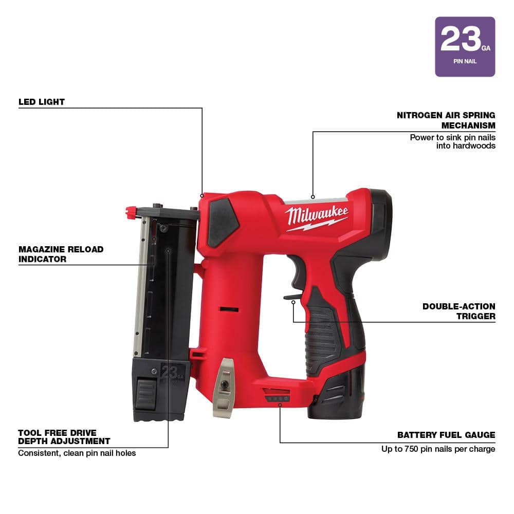 Milwaukee M12 12-Volt 23-Gauge Lithium-Ion Cordless Pin Nailer Kit with M12 12-Volt Lithium-Ion Cordless 3/8 in. Crown Stapler (2)