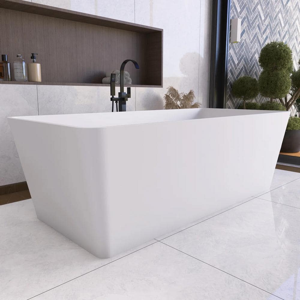 JimsMaison 67 in. x 31.5 in. Solid Surface Freestanding Soaking Bathtub with Center Drain in Matte White (3)
