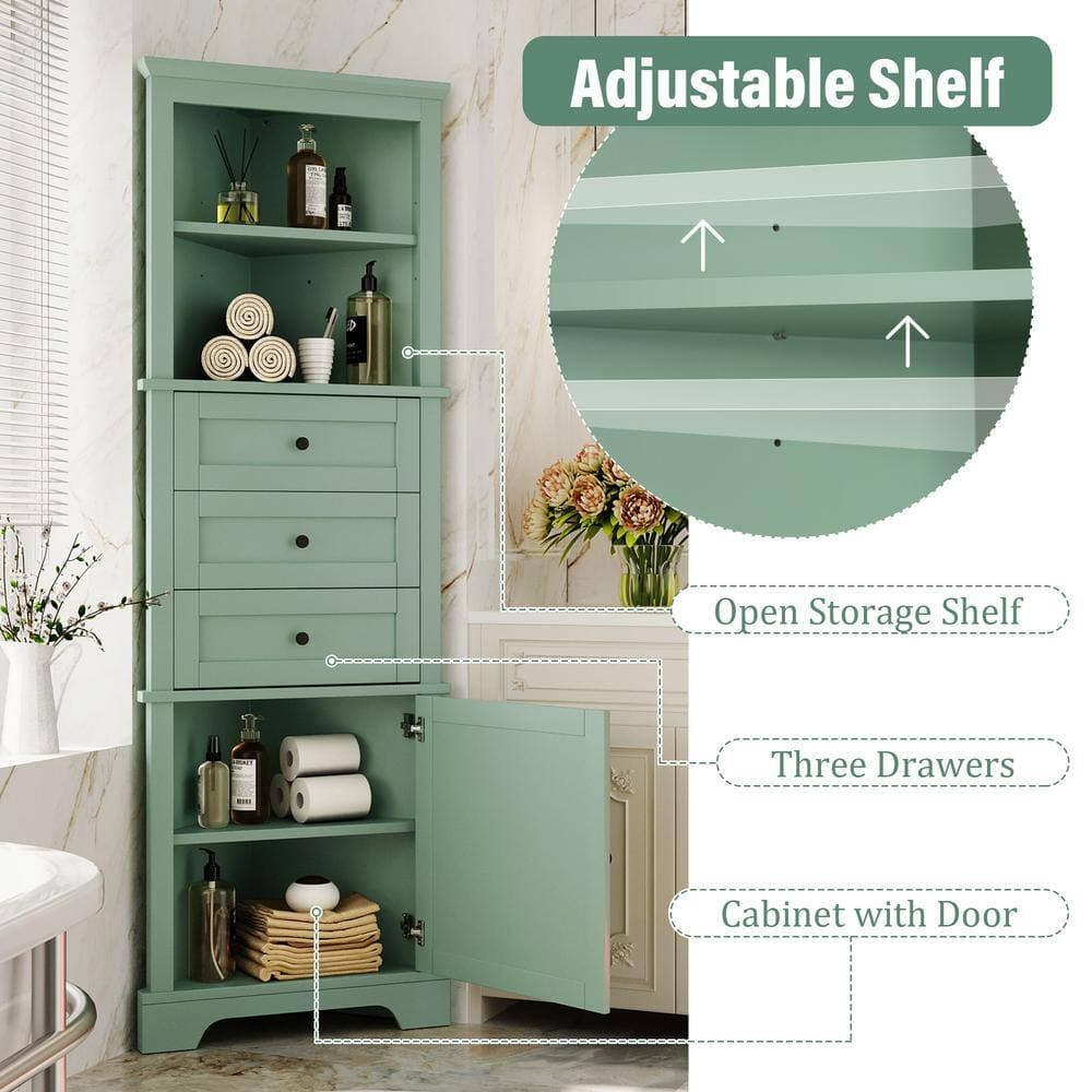 Unbranded 23 in. W x 13.4 in. D x 68.9 in. H Green Linen Cabinet with 3-Drawers and Adjustable Shelves (3)