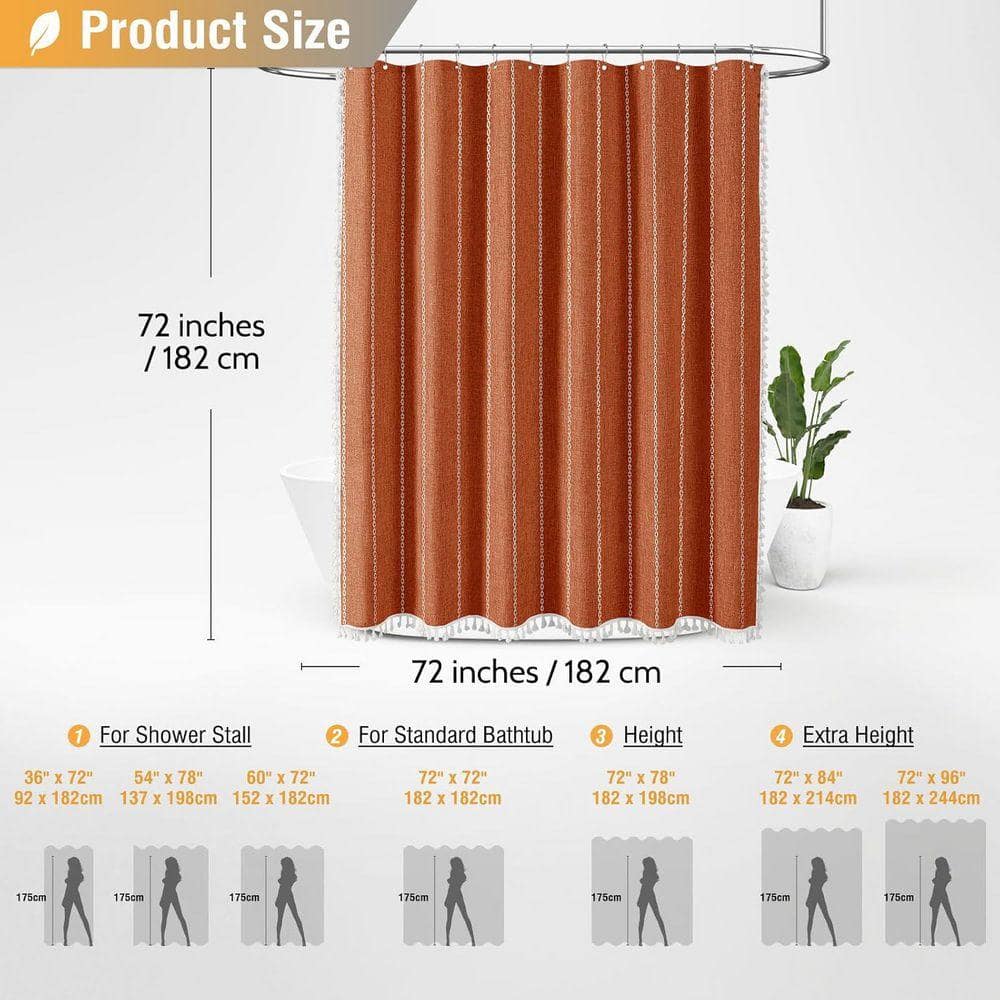 Unbranded Boho Farmhouse Shower Curtain Linen Rustic Striped Fabric with Tassel Water Repellent 72 x 72 Burnt Orange (2)