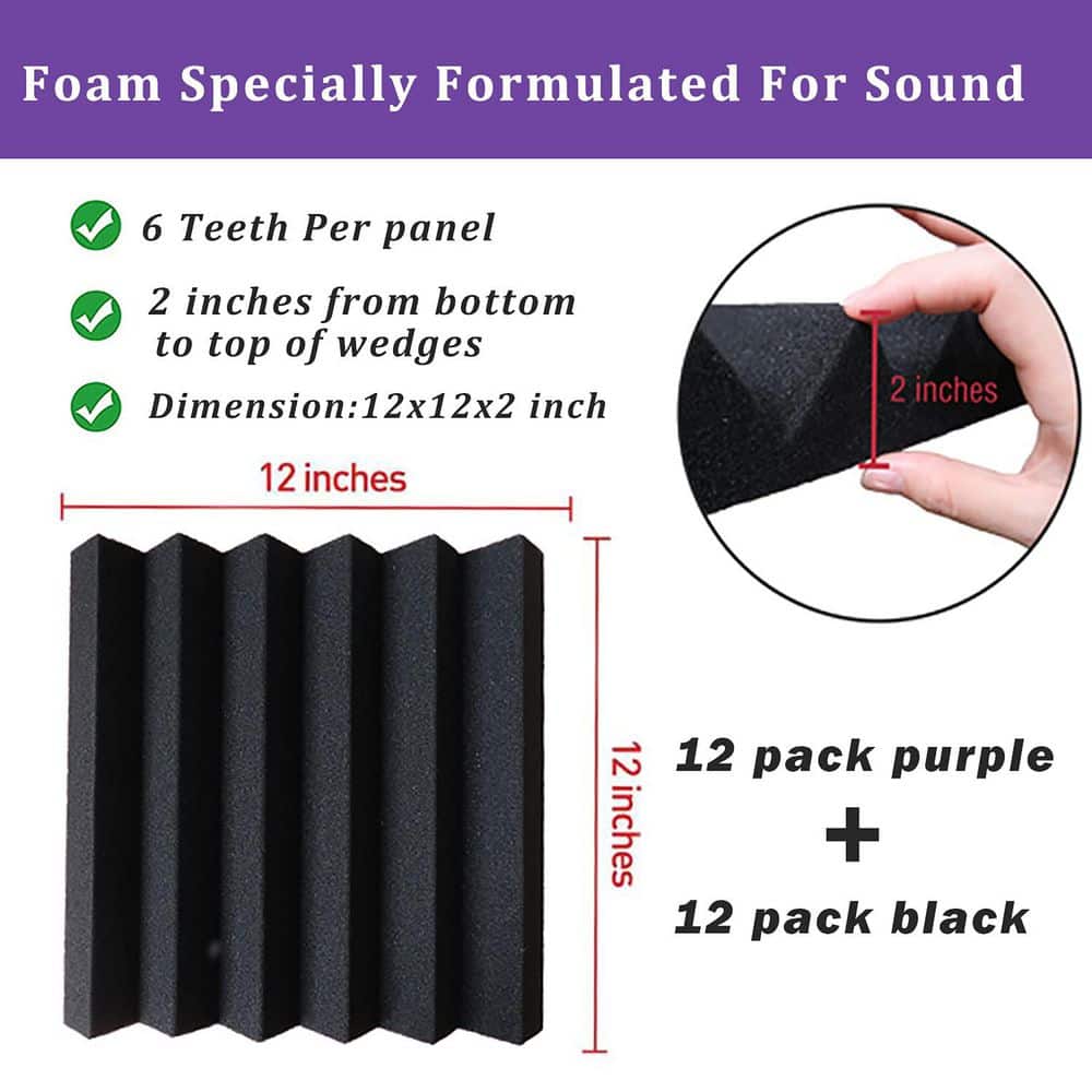 Laybus 12 in. x 12 in. x 2 in. Acoustic Panels (12 Purple +12 Black), Sound Proof Foam Panel, Absorb Noise and Eliminate Echoes (2)
