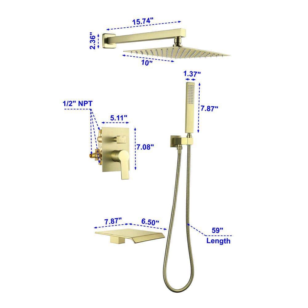 UKISHIRO liric Single-Handle 1-Spray Square High Pressure Shower Faucet and Hand Shower in Spot Resistant Gold (Valve Included) (3)