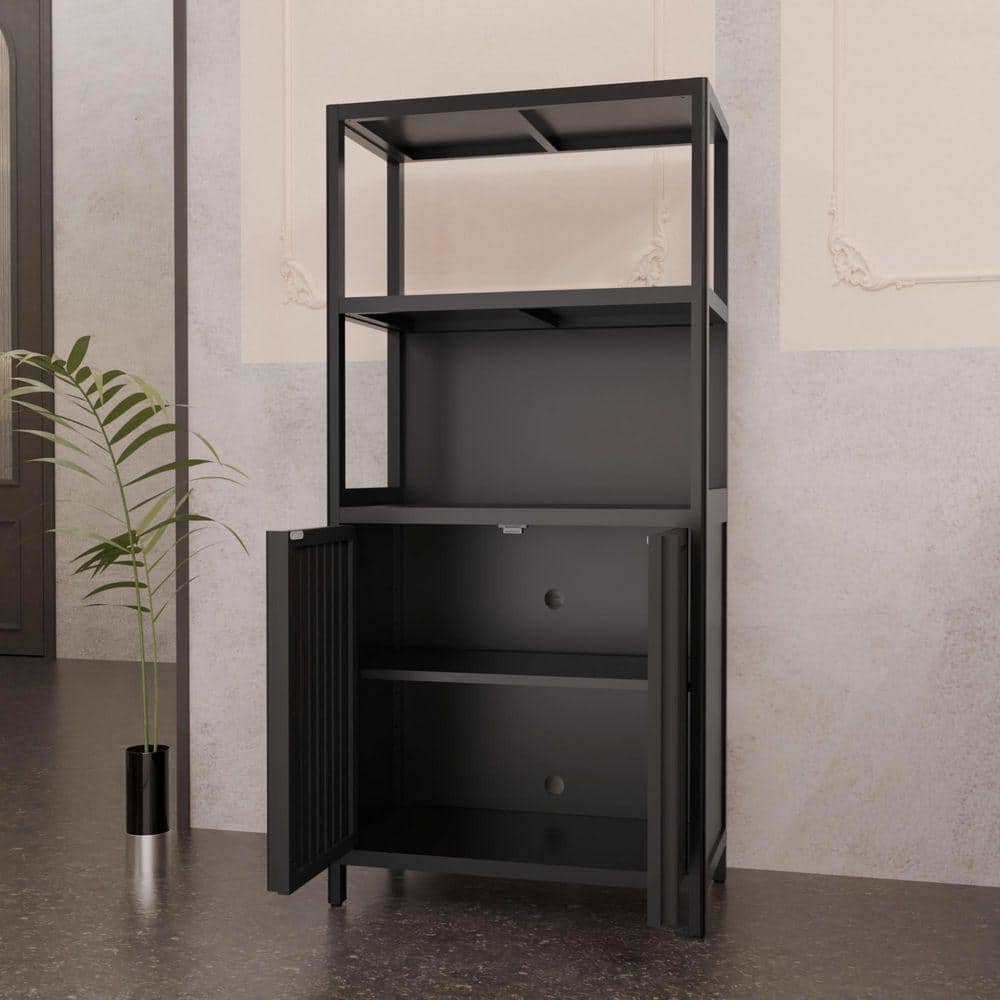 SANFANGIE Japanese Zen 13 in. W x 24.57 in. D x 52 in. H Black Linen Cabinet with 2-Doors for Living Room, Kitchen (2)
