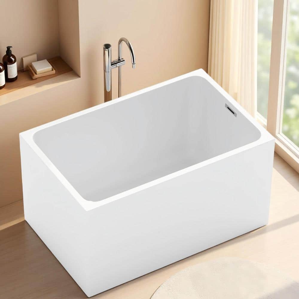 Cuschoice 47 Inch Acrylic Freestanding Bathtub, White Rectangular, High Gloss, Chrome Overflow,Pop-Up Drain,Easy clean (1)