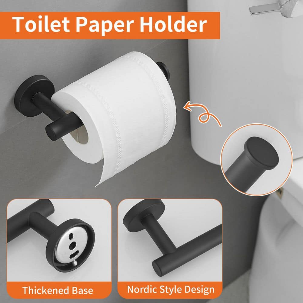 BWE 4-Piece Bath Hardware Set with Towel Hook and Toilet Paper Holder and Towel Bar Wall Mount Accessory Set in Matte Black (3)