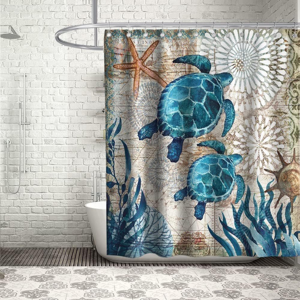 JFVKAF Nautical Green Sea Turtles 72 in. W x 72 in. L Shower Curtain Polyester in Green (3)