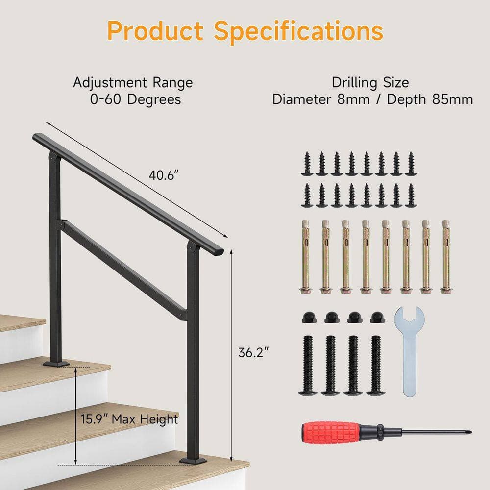 xinyoec 40.6 in. Adjustable Wrought Iron Step Handrail 1-Pack for 3-Steps Indoor Outdoor Porch Garden Staircase (2)