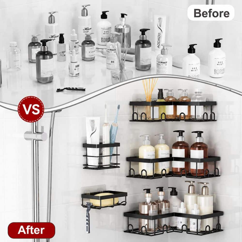 Anqtovp Adhesive Mount Rustproof Stainless Steel L-Shape Shower Caddy with Toothbrush Holder Soap Dish in Black 5 Pack (2)