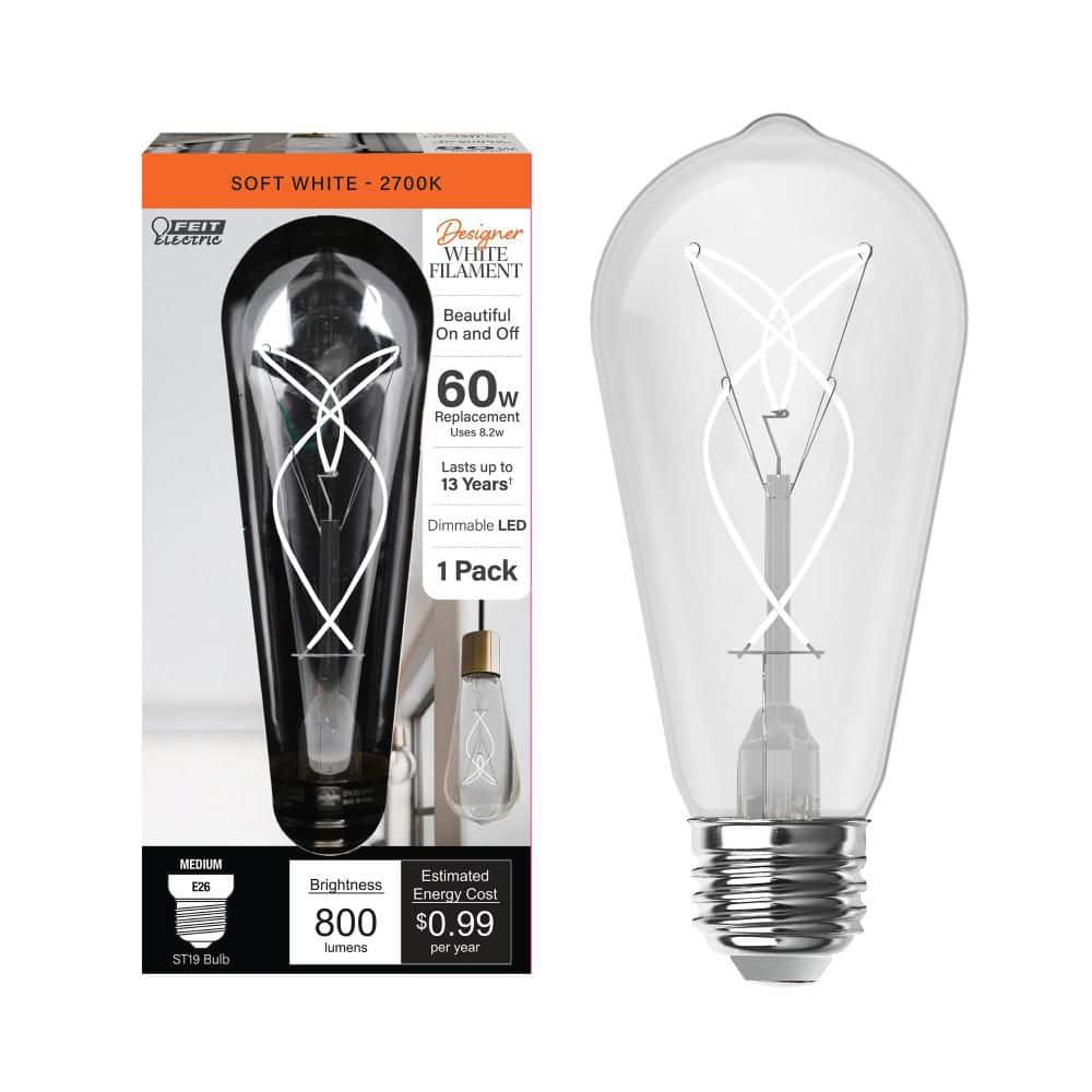 Feit Electric 60-Watt Equivalent ST19 Dimmable Knot Thin White Filament Clear Glass E26 Vintage Edison LED Light Bulb Soft White 2700K
