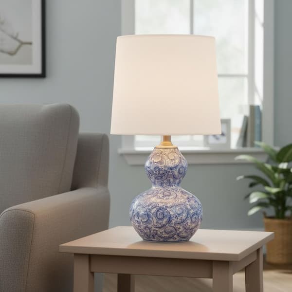 Hampton Bay 15 .75 in. Blue Floral Ceramic Table Lamp with White Fabric Shade