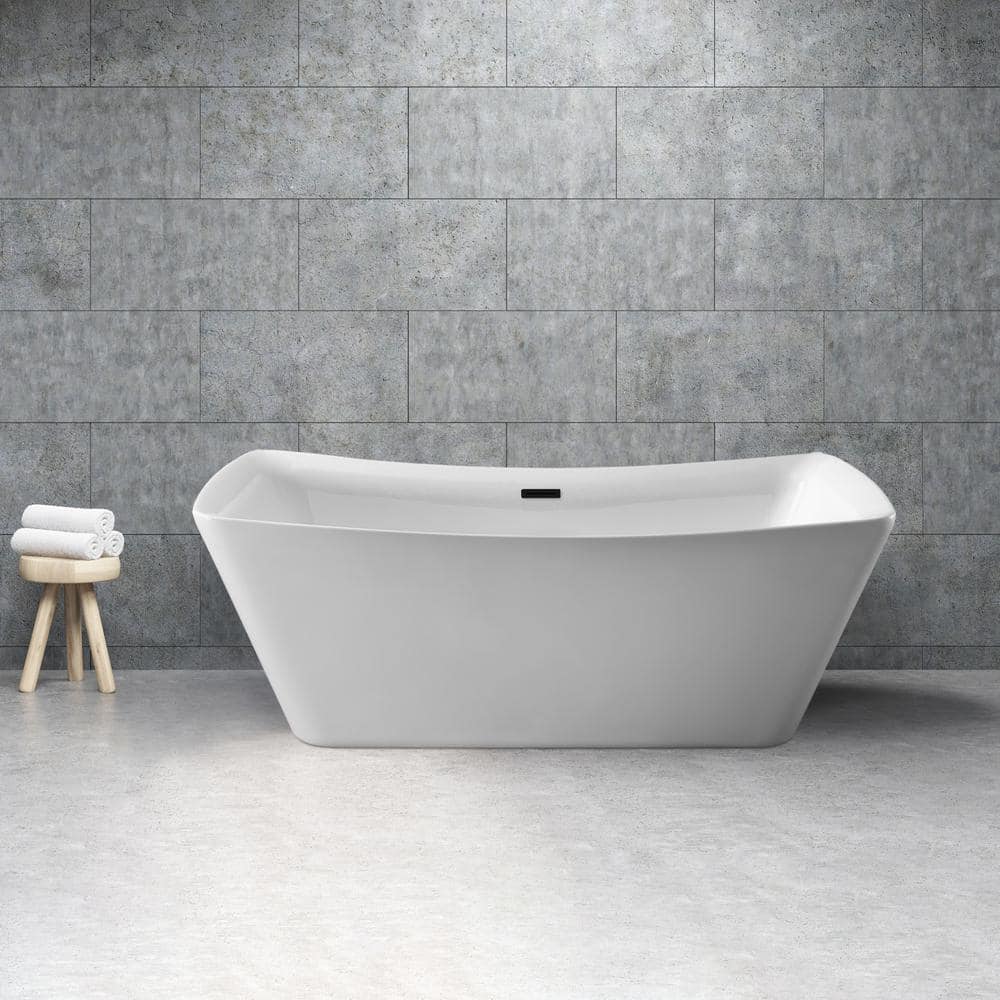 Streamline 62 in. Acrylic Flatbottom Non-Whirlpool Bathtub Glossy White with Matte Black Drain and Overflow Cover (2)