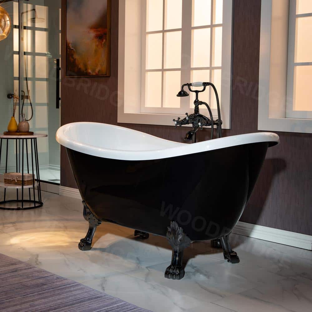 WOODBRIDGE Eurek 59" Heavy Duty Acrylic Double Slipper Clawfoot Bath Tub in Black,Claw Feet,Drain and Overflow in Matte Black (3)