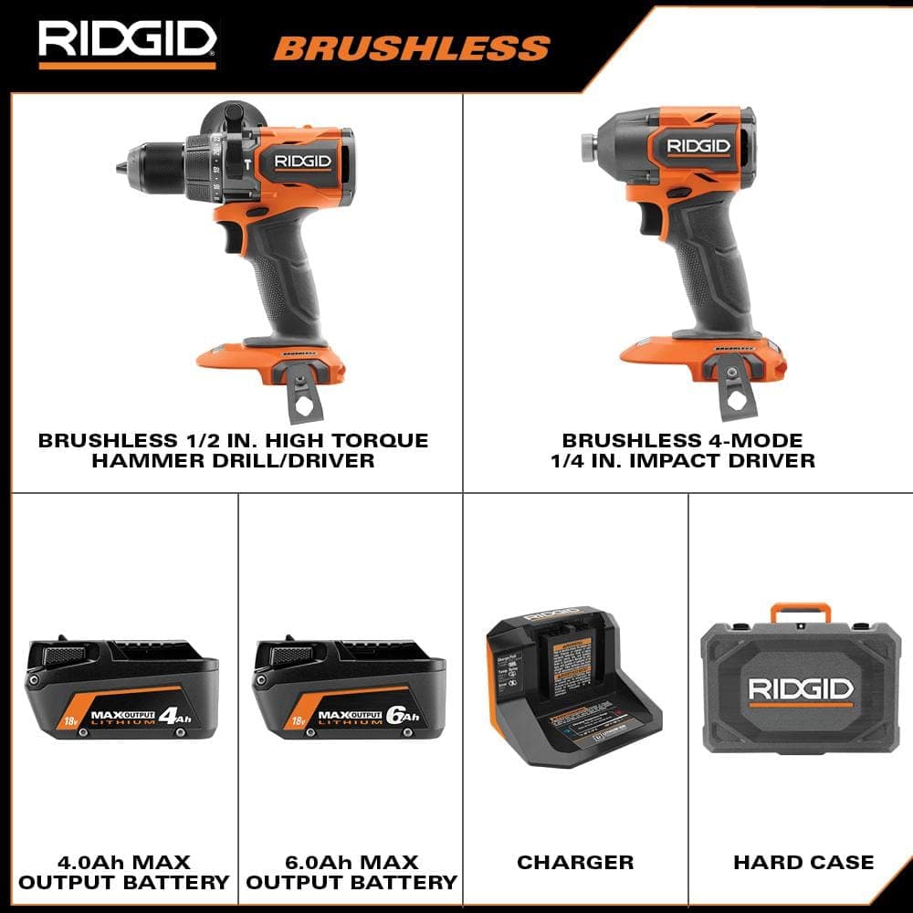 RIDGID 18V Brushless 2-Tool Combo Kit with 6.0 Ah and 4.0 Ah MAX Output Batteries, Charger, and Hard Case (3)