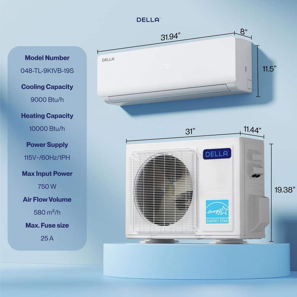 DELLA Vario Series 1-Zone 9000-BTU 19-SEER2-115V Ductless Mini Split AC Heat Pump with 16.4 ft. Installation Kit (2)