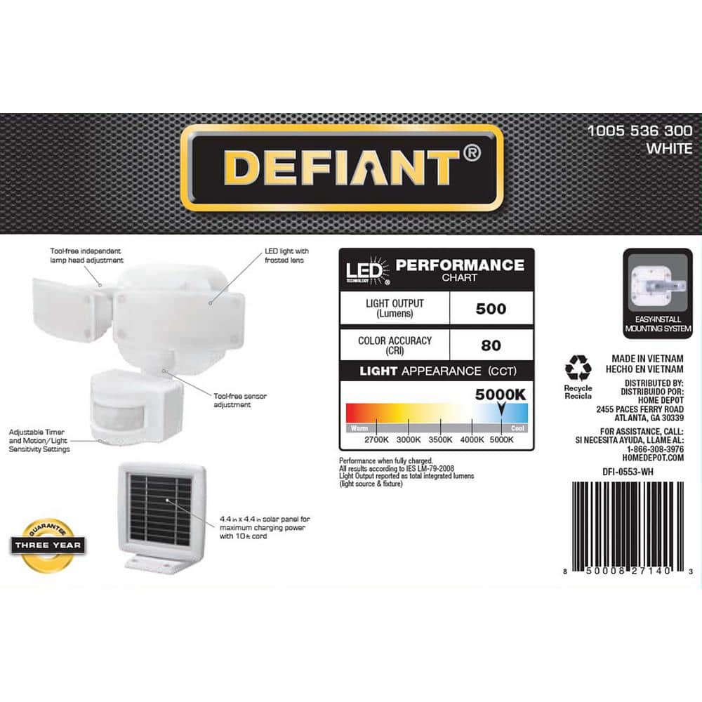 Defiant 180° White Motion Sensor Solar Powered Outdoor 2-Head LED Security Flood Light 500 Lumens (4)