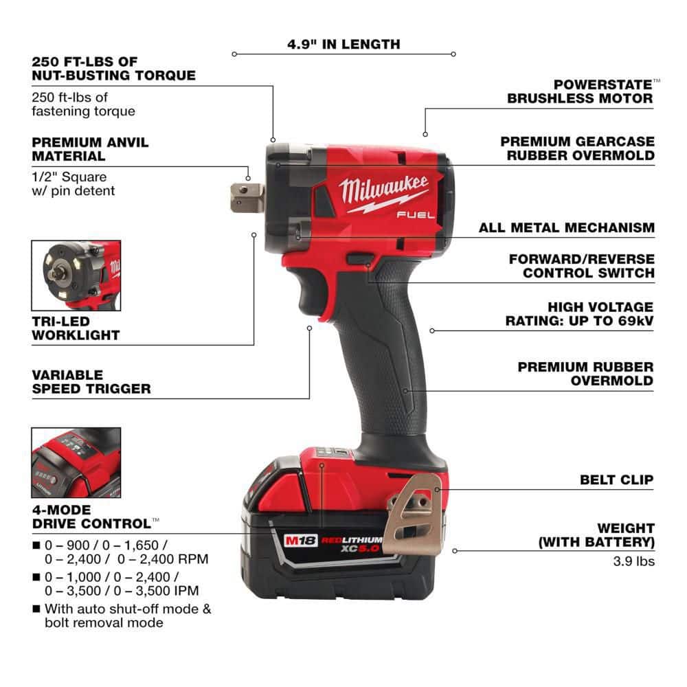 Milwaukee M18 FUEL 18V Lith-Ion Brushless Cordless . Compact Impact Wrench Kit with Resistant Batteries & Impact Socket Set (4)
