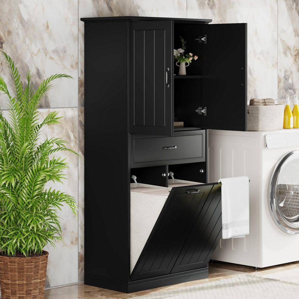 COWLOWN 29.9 in. W x 15.7 in. D x 65.8 in. H Black Linen Cabinet with Doors and Drawer (2)