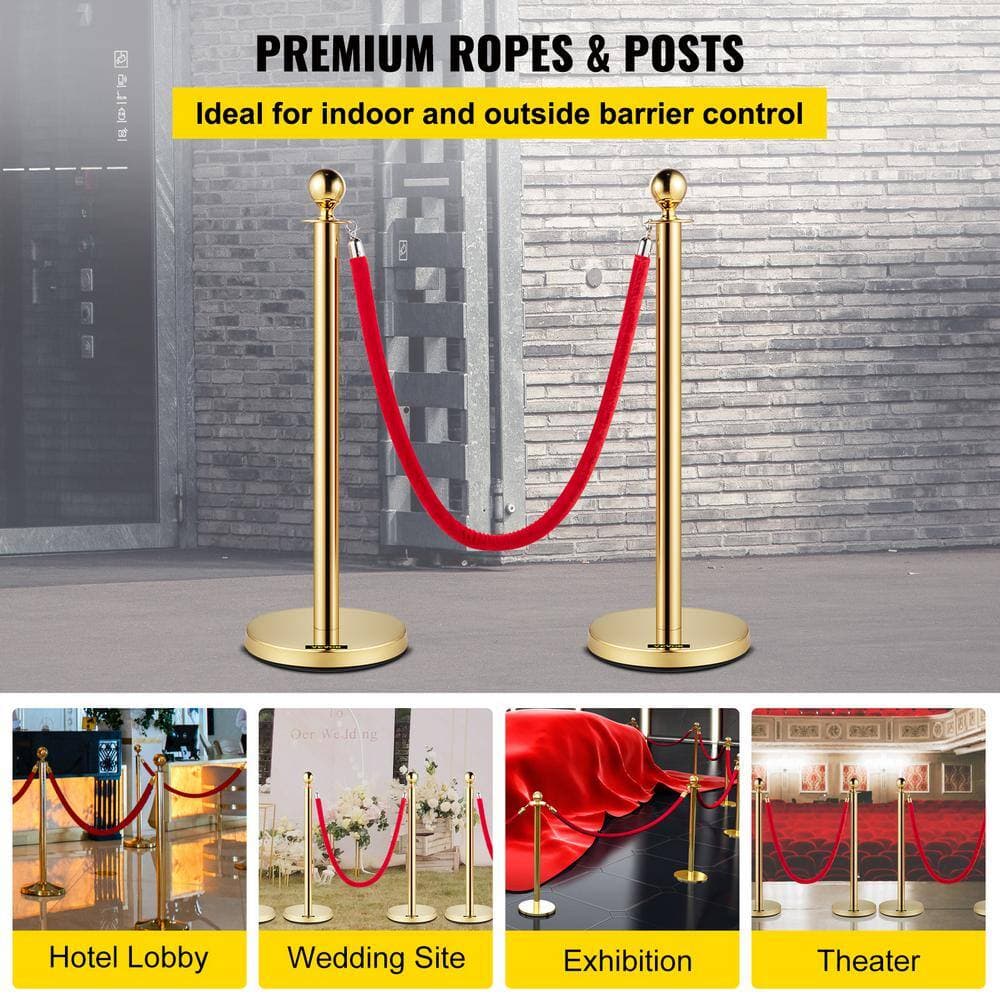 VEVOR Velvet Ropes and Posts 5 ft. Red Rope Stainless Steel Gold Stanchion w/Ball Top Stanchion Crowd Control, (2-Pack Sets) (2)