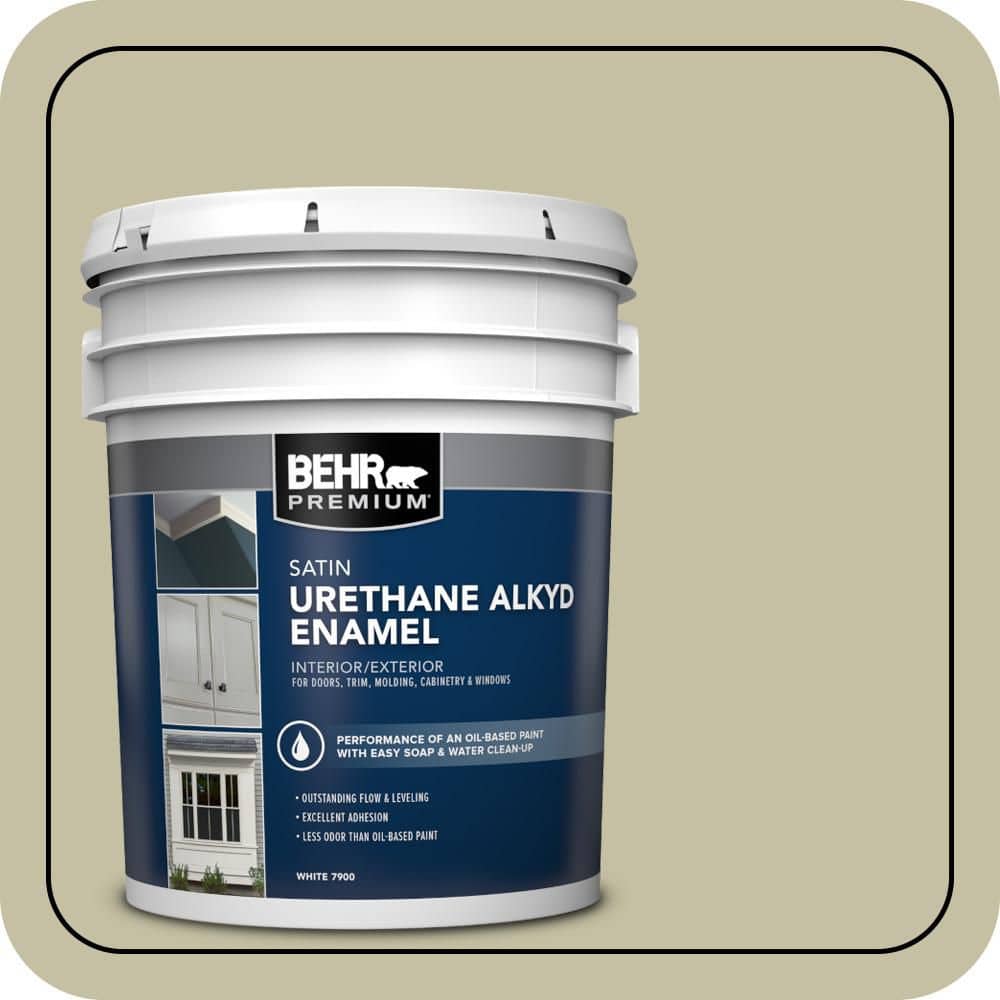 BEHR PREMIUM 5 gal. #S350-3 Washed Olive Urethane Alkyd Satin Enamel Interior/Exterior Paint