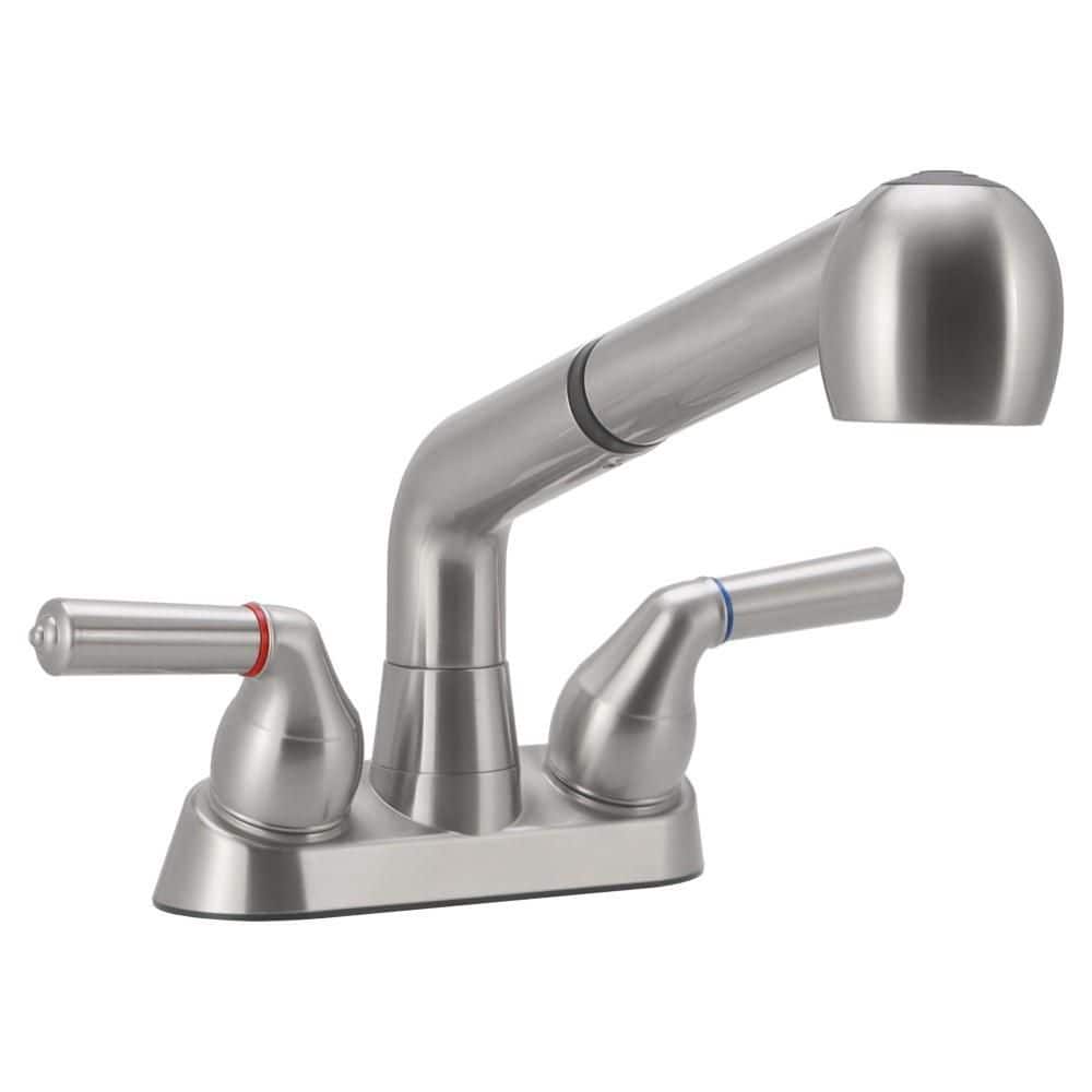 Numhew 1-Piece Pull Out Utility Faucet with Spray Head Hose, Brushed Nickel ABS Plastic Dual Handle 360 Swivel Laundry Faucet (1)