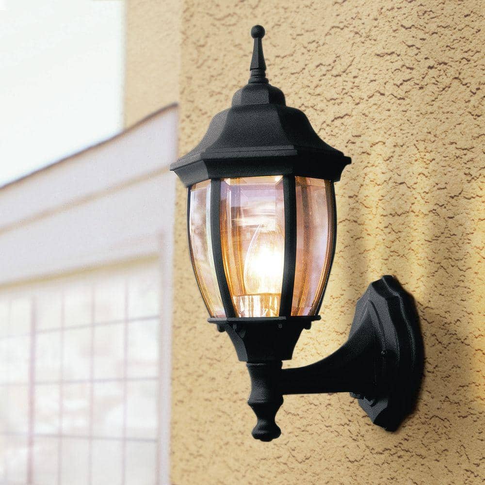 Hampton Bay 14 in. 1-Light Black Hardwired Dusk-to-Dawn Outdoor Wall Light Lantern Sconce with No Bulb Included (4)