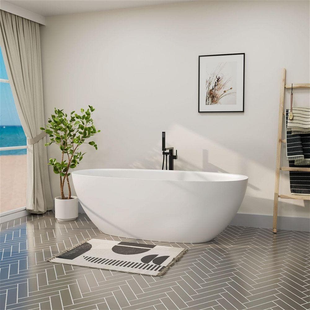 MYCASS 65 in. x 29.52 in. Elegant Soaking Freestanding Solid Surface Resin Stone Oval Bathtub with Center Drain in Matte White (2)