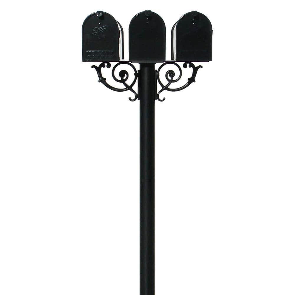 Unbranded Hanford Triple Black Post System Non-Locking Mailbox with Scroll Supports and E1 Economy Mailboxes
