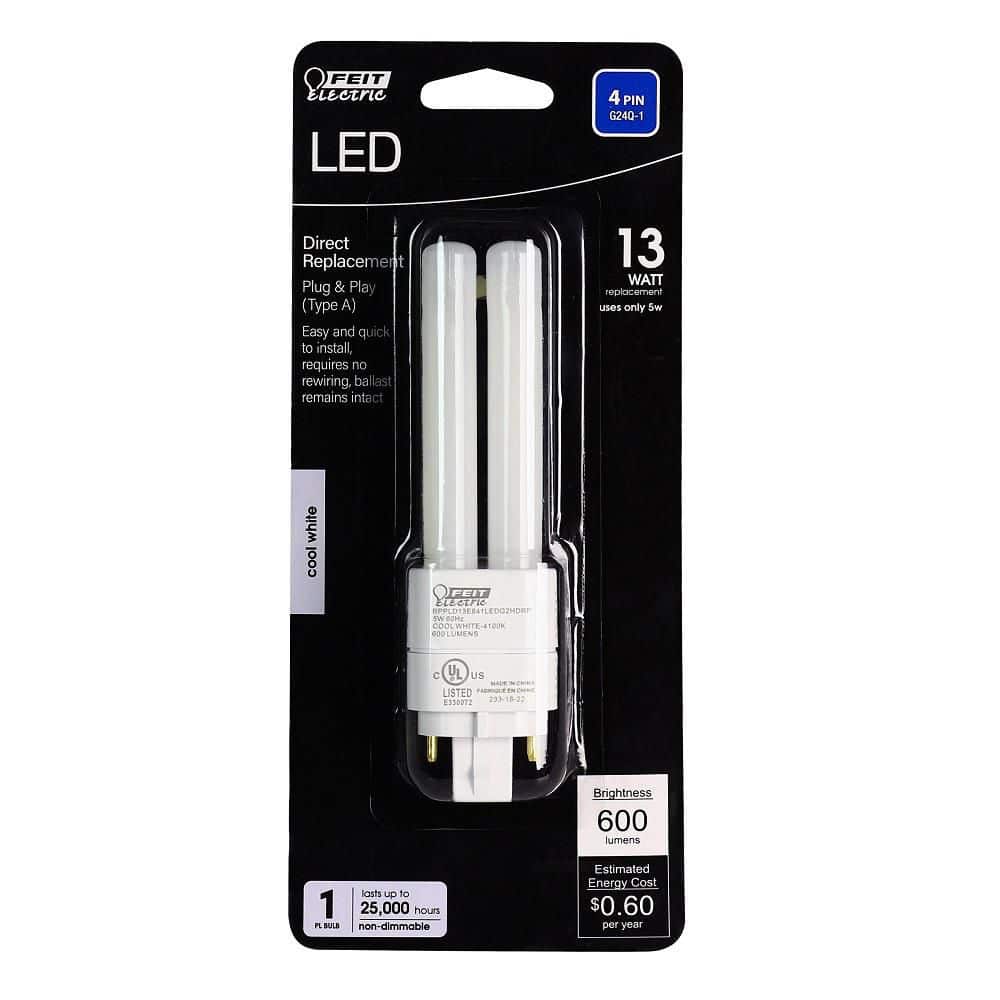 Feit Electric 13-Watt Equivalent PL Quad Tube CFLNI 4-Pin Plugin G24Q-1 Base CFL Replacement LED Light Bulb, Cool White 4100K (1-Pack) (3)