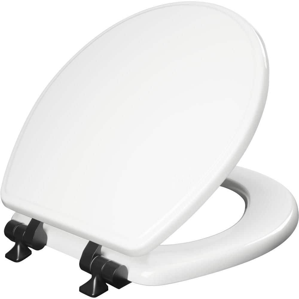 BEMIS Weston Round Soft Close Enameled Wood Never Loosens Matte Black Metal Hinge Toilet Seat in White