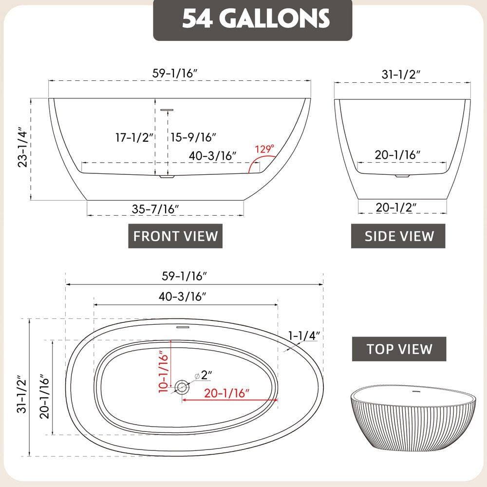 Zeafive 59 in. L x 31.5 in. W Acrylic Freestanding Soaking Bathtub Stand Alone Bathroom Tub with Center Drain in White (2)