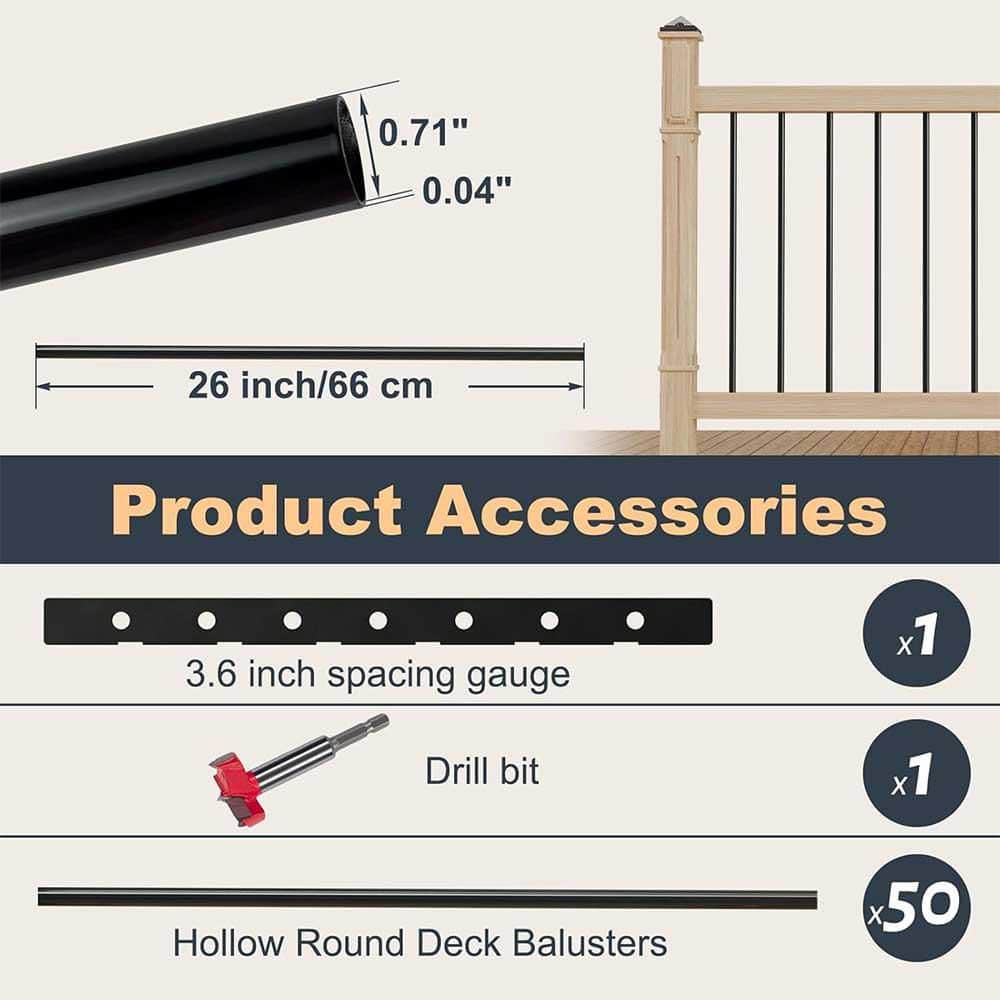 Afoxsos 26 Aluminum Hollow Round Deck Balusters with Drill Bit and Ruler for Railing or Staircase 25-Pack 0.75" W (2)